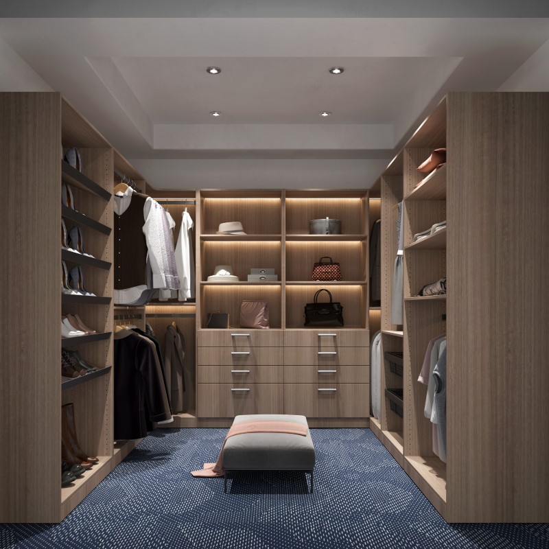 Walnut light custom walk-in closet by Luna Cabinets